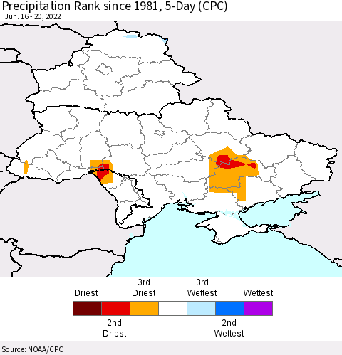 Ukraine, Moldova and Belarus Precipitation Rank 5-Day (CPC) Thematic Map For 6/16/2022 - 6/20/2022