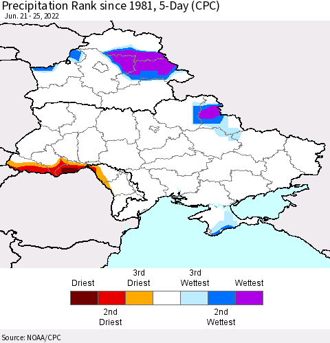 Ukraine, Moldova and Belarus Precipitation Rank 5-Day (CPC) Thematic Map For 6/21/2022 - 6/25/2022