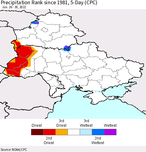 Ukraine, Moldova and Belarus Precipitation Rank 5-Day (CPC) Thematic Map For 6/26/2022 - 6/30/2022