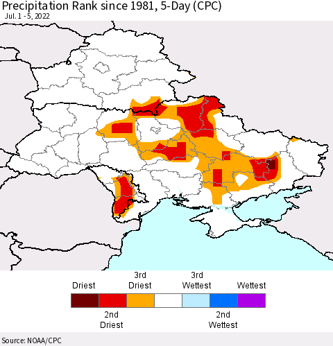 Ukraine, Moldova and Belarus Precipitation Rank 5-Day (CPC) Thematic Map For 7/1/2022 - 7/5/2022
