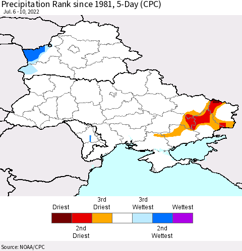Ukraine, Moldova and Belarus Precipitation Rank 5-Day (CPC) Thematic Map For 7/6/2022 - 7/10/2022