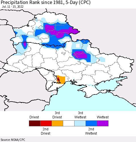 Ukraine, Moldova and Belarus Precipitation Rank since 1981, 5-Day (CPC) Thematic Map For 7/11/2022 - 7/15/2022