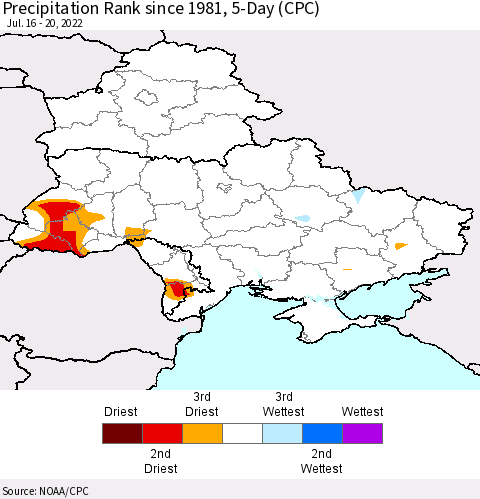 Ukraine, Moldova and Belarus Precipitation Rank 5-Day (CPC) Thematic Map For 7/16/2022 - 7/20/2022