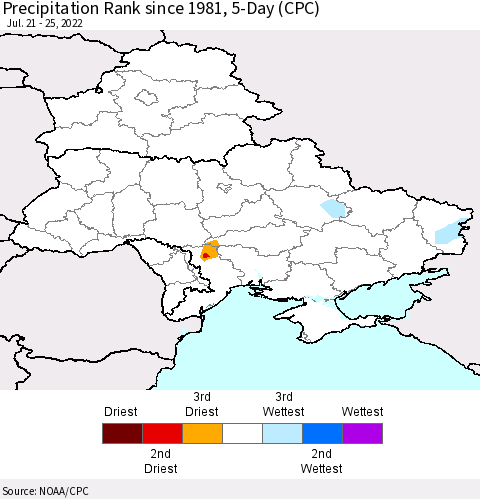 Ukraine, Moldova and Belarus Precipitation Rank 5-Day (CPC) Thematic Map For 7/21/2022 - 7/25/2022