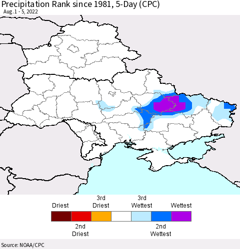 Ukraine, Moldova and Belarus Precipitation Rank since 1981, 5-Day (CPC) Thematic Map For 8/1/2022 - 8/5/2022
