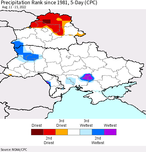 Ukraine, Moldova and Belarus Precipitation Rank 5-Day (CPC) Thematic Map For 8/11/2022 - 8/15/2022