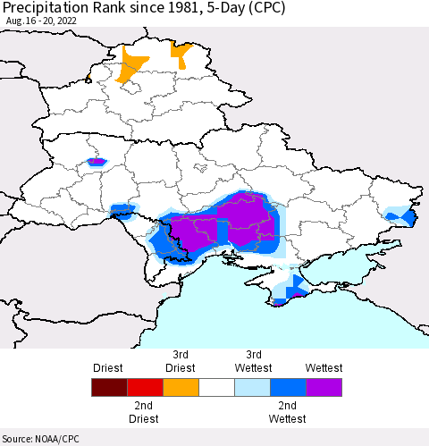 Ukraine, Moldova and Belarus Precipitation Rank 5-Day (CPC) Thematic Map For 8/16/2022 - 8/20/2022