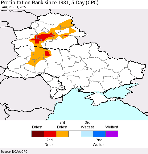 Ukraine, Moldova and Belarus Precipitation Rank 5-Day (CPC) Thematic Map For 8/26/2022 - 8/31/2022