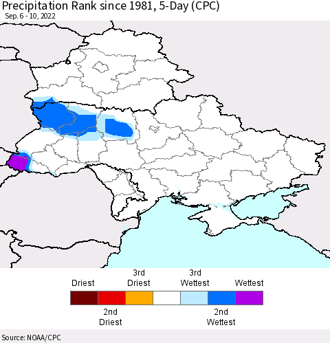 Ukraine, Moldova and Belarus Precipitation Rank 5-Day (CPC) Thematic Map For 9/6/2022 - 9/10/2022