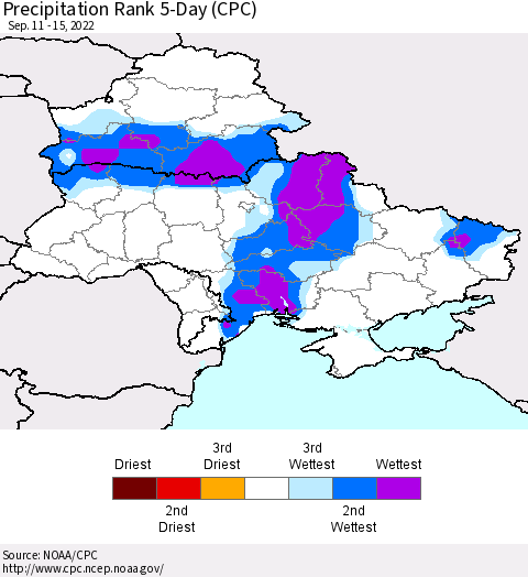 Ukraine, Moldova and Belarus Precipitation Rank 5-Day (CPC) Thematic Map For 9/11/2022 - 9/15/2022