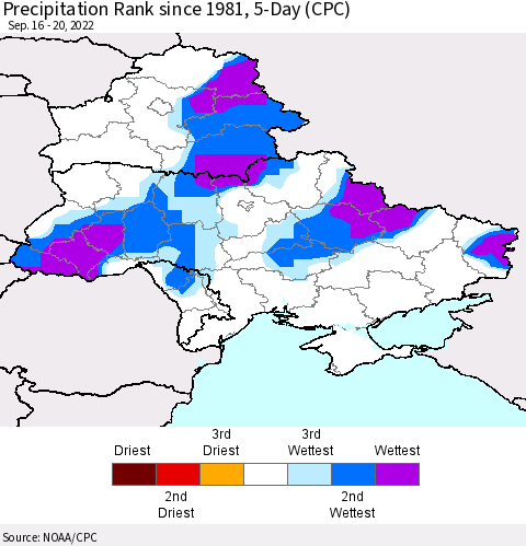 Ukraine, Moldova and Belarus Precipitation Rank since 1981, 5-Day (CPC) Thematic Map For 9/16/2022 - 9/20/2022