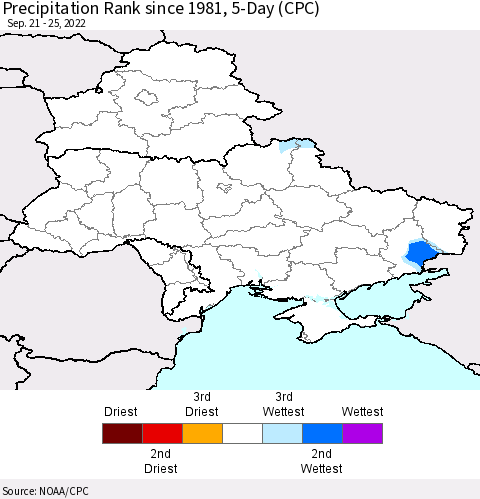 Ukraine, Moldova and Belarus Precipitation Rank 5-Day (CPC) Thematic Map For 9/21/2022 - 9/25/2022