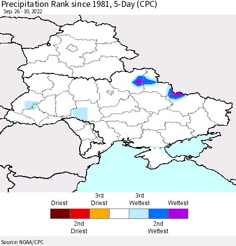 Ukraine, Moldova and Belarus Precipitation Rank since 1981, 5-Day (CPC) Thematic Map For 9/26/2022 - 9/30/2022