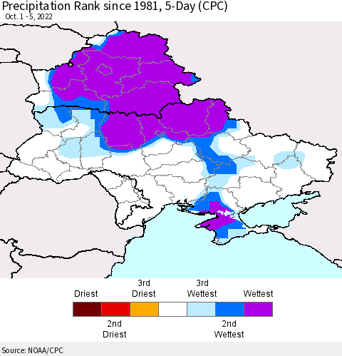 Ukraine, Moldova and Belarus Precipitation Rank 5-Day (CPC) Thematic Map For 10/1/2022 - 10/5/2022
