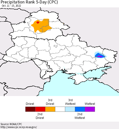 Ukraine, Moldova and Belarus Precipitation Rank 5-Day (CPC) Thematic Map For 10/11/2022 - 10/15/2022