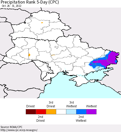 Ukraine, Moldova and Belarus Precipitation Rank 5-Day (CPC) Thematic Map For 10/26/2022 - 10/31/2022