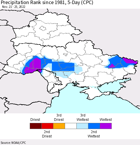 Ukraine, Moldova and Belarus Precipitation Rank since 1981, 5-Day (CPC) Thematic Map For 11/21/2022 - 11/25/2022