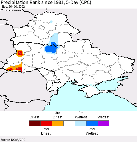 Ukraine, Moldova and Belarus Precipitation Rank 5-Day (CPC) Thematic Map For 11/26/2022 - 11/30/2022