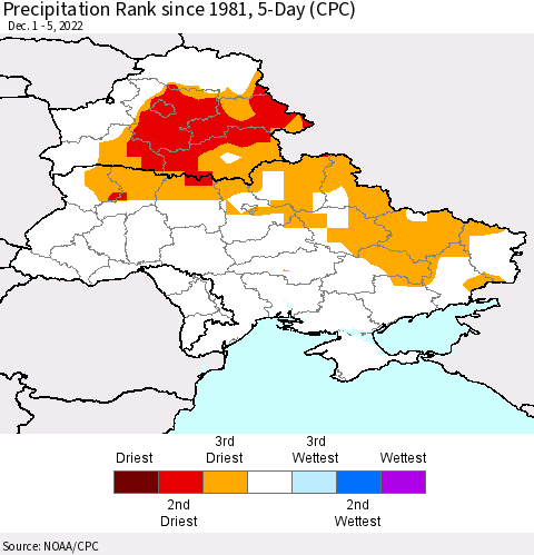 Ukraine, Moldova and Belarus Precipitation Rank since 1981, 5-Day (CPC) Thematic Map For 12/1/2022 - 12/5/2022