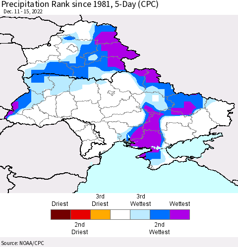 Ukraine, Moldova and Belarus Precipitation Rank 5-Day (CPC) Thematic Map For 12/11/2022 - 12/15/2022
