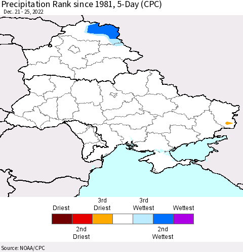 Ukraine, Moldova and Belarus Precipitation Rank since 1981, 5-Day (CPC) Thematic Map For 12/21/2022 - 12/25/2022