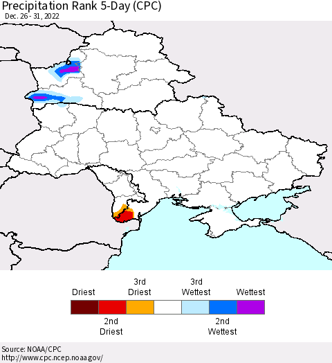 Ukraine, Moldova and Belarus Precipitation Rank 5-Day (CPC) Thematic Map For 12/26/2022 - 12/31/2022