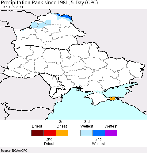 Ukraine, Moldova and Belarus Precipitation Rank 5-Day (CPC) Thematic Map For 1/1/2023 - 1/5/2023