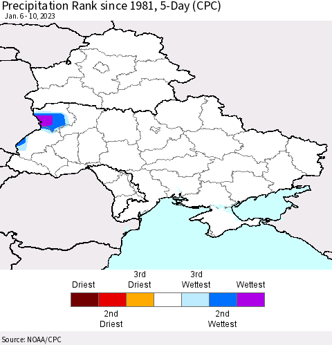 Ukraine, Moldova and Belarus Precipitation Rank 5-Day (CPC) Thematic Map For 1/6/2023 - 1/10/2023