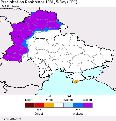 Ukraine, Moldova and Belarus Precipitation Rank since 1981, 5-Day (CPC) Thematic Map For 1/16/2023 - 1/20/2023
