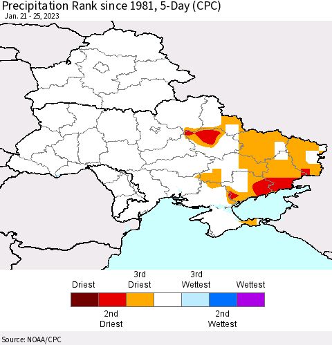 Ukraine, Moldova and Belarus Precipitation Rank 5-Day (CPC) Thematic Map For 1/21/2023 - 1/25/2023
