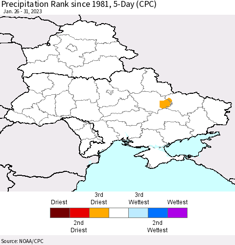 Ukraine, Moldova and Belarus Precipitation Rank since 1981, 5-Day (CPC) Thematic Map For 1/26/2023 - 1/31/2023