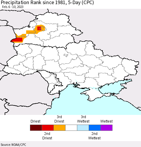 Ukraine, Moldova and Belarus Precipitation Rank since 1981, 5-Day (CPC) Thematic Map For 2/6/2023 - 2/10/2023