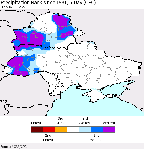 Ukraine, Moldova and Belarus Precipitation Rank since 1981, 5-Day (CPC) Thematic Map For 2/16/2023 - 2/20/2023