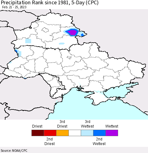 Ukraine, Moldova and Belarus Precipitation Rank since 1981, 5-Day (CPC) Thematic Map For 2/21/2023 - 2/25/2023
