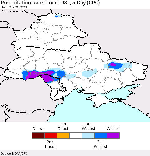 Ukraine, Moldova and Belarus Precipitation Rank since 1981, 5-Day (CPC) Thematic Map For 2/26/2023 - 2/28/2023
