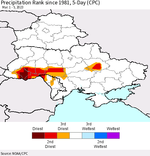 Ukraine, Moldova and Belarus Precipitation Rank since 1981, 5-Day (CPC) Thematic Map For 3/1/2023 - 3/5/2023