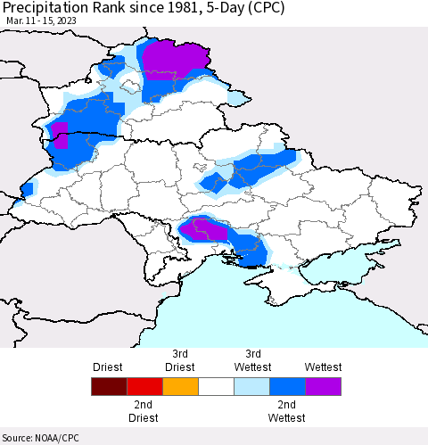 Ukraine, Moldova and Belarus Precipitation Rank since 1981, 5-Day (CPC) Thematic Map For 3/11/2023 - 3/15/2023