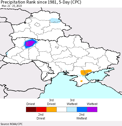 Ukraine, Moldova and Belarus Precipitation Rank since 1981, 5-Day (CPC) Thematic Map For 3/21/2023 - 3/25/2023