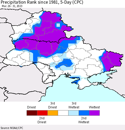Ukraine, Moldova and Belarus Precipitation Rank since 1981, 5-Day (CPC) Thematic Map For 3/26/2023 - 3/31/2023