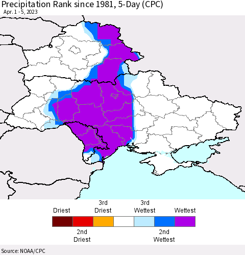 Ukraine, Moldova and Belarus Precipitation Rank since 1981, 5-Day (CPC) Thematic Map For 4/1/2023 - 4/5/2023