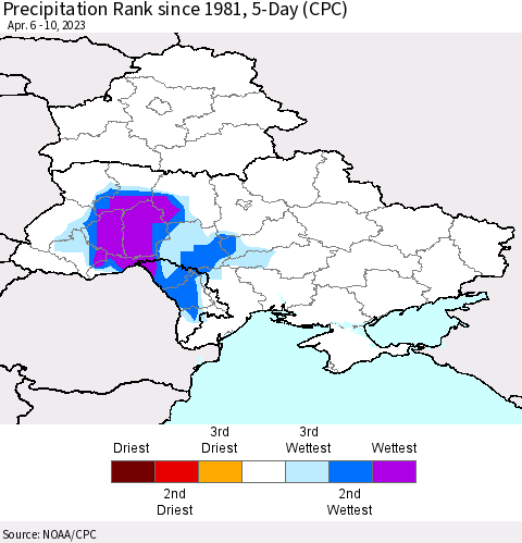 Ukraine, Moldova and Belarus Precipitation Rank since 1981, 5-Day (CPC) Thematic Map For 4/6/2023 - 4/10/2023