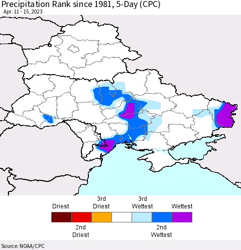 Ukraine, Moldova and Belarus Precipitation Rank since 1981, 5-Day (CPC) Thematic Map For 4/11/2023 - 4/15/2023