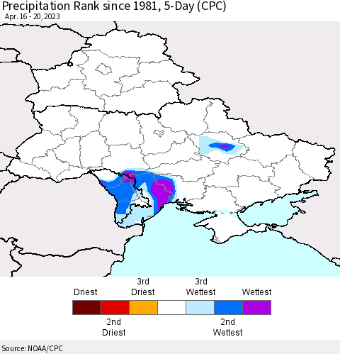 Ukraine, Moldova and Belarus Precipitation Rank since 1981, 5-Day (CPC) Thematic Map For 4/16/2023 - 4/20/2023
