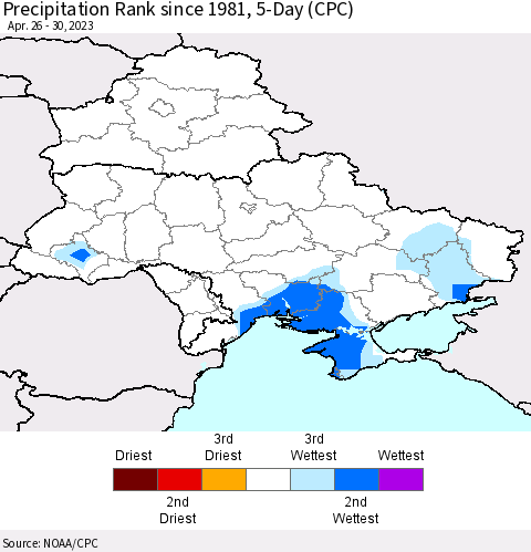 Ukraine, Moldova and Belarus Precipitation Rank since 1981, 5-Day (CPC) Thematic Map For 4/26/2023 - 4/30/2023