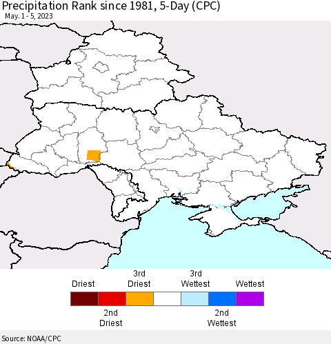 Ukraine, Moldova and Belarus Precipitation Rank since 1981, 5-Day (CPC) Thematic Map For 5/1/2023 - 5/5/2023