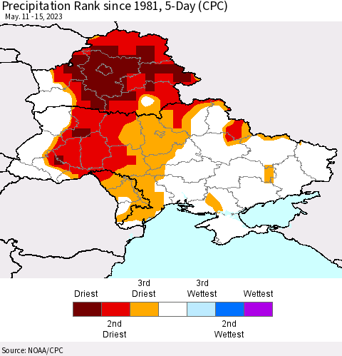 Ukraine, Moldova and Belarus Precipitation Rank since 1981, 5-Day (CPC) Thematic Map For 5/11/2023 - 5/15/2023