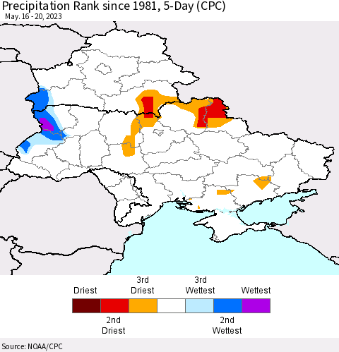 Ukraine, Moldova and Belarus Precipitation Rank since 1981, 5-Day (CPC) Thematic Map For 5/16/2023 - 5/20/2023
