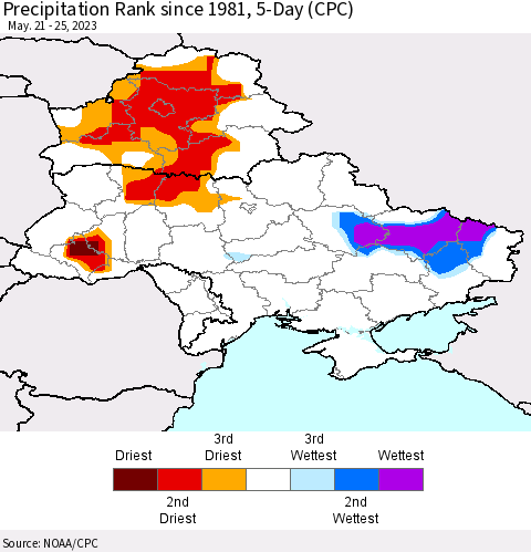 Ukraine, Moldova and Belarus Precipitation Rank since 1981, 5-Day (CPC) Thematic Map For 5/21/2023 - 5/25/2023