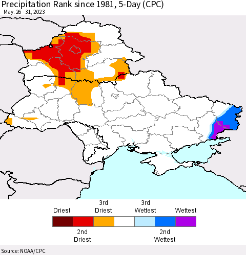 Ukraine, Moldova and Belarus Precipitation Rank since 1981, 5-Day (CPC) Thematic Map For 5/26/2023 - 5/31/2023