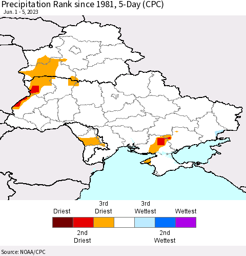 Ukraine, Moldova and Belarus Precipitation Rank since 1981, 5-Day (CPC) Thematic Map For 6/1/2023 - 6/5/2023